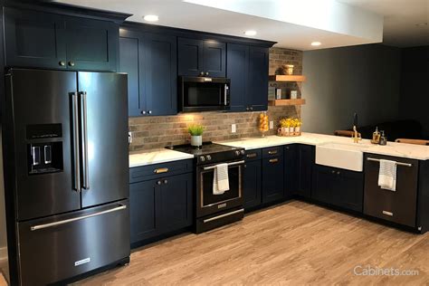 black stainless steel appliances with light blue cabinets|black stainless steel kitchen cabinets colors.